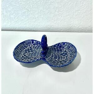 Vintage Trinket Dish Divided Cobalt Blue and White Handle Asian Style Decoration